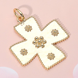 Floral Beaded Metal Cross Pendant  / Bag Charm