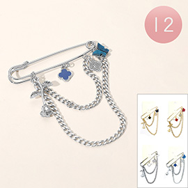 12PCS - Butterfly Quatrefoil Flower Leaf Charm Chain Pin Brooches