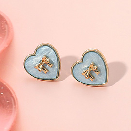 Metal Bow Pointed Pearl Heart Stud Earrings