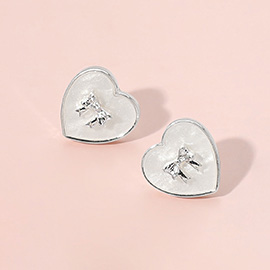 Metal Bow Pointed Pearl Heart Stud Earrings