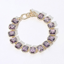 14K Gold Plated CZ Emerald Cut Stone Cluster Link Evening Toggle Bracelet