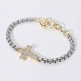 14K Gold Plated Two Tone CZ Stone Paved Cross Pointed Bracelet