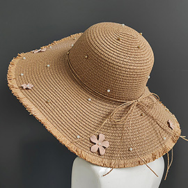 Flower Pearl Applique Embellished Wide Brim Straw Sun Hat