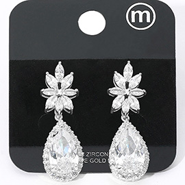 Gold Dipped CZ Marquise Stone Cluster Teardrop Dangle Evening Earrings