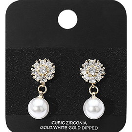 Gold Dipped CZ Stone Paved Pearl Dangle Earrings