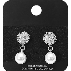 Gold Dipped CZ Stone Paved Pearl Dangle Earrings