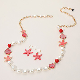Resin Sea Shell Starfish Pearl Link Long Necklace