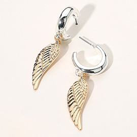 Two Tone Textured Metal Wing Dangle Hoop Earrings
