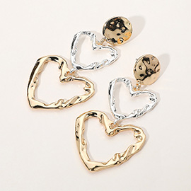 Two Tone Hammered Metal Open Heart Link Drop Earrings