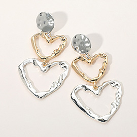 Two Tone Hammered Metal Open Heart Link Drop Earrings