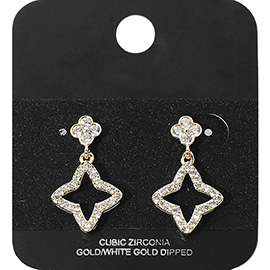Gold Dipped CZ Stone Paved Quatrefoil Open Clover Dangle Earrings