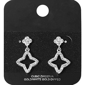 Gold Dipped CZ Stone Paved Quatrefoil Open Clover Dangle Earrings