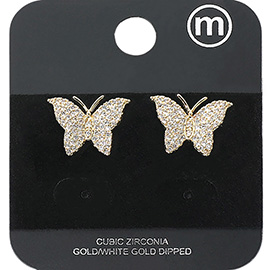 Gold Dipped CZ Stone Paved Butterfly Stud Earrings