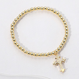 Stainless Steel Cross Charm Beaded Stretch Bracelet