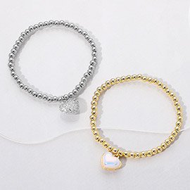 Reversible Stainless Steel Heart Charm Beaded Stretch Bracelet