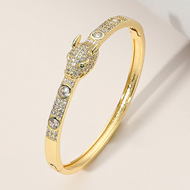 Stainless Steel Stone Paved Leopard Panther Head Pointed Hinged Bangle Bracelet