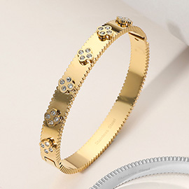 Stainless Steel Quatrefoil Stone Paved Hinged Bangle Bracelet