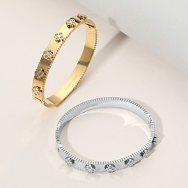 Stainless Steel Quatrefoil Stone Paved Hinged Bangle Bracelet