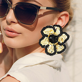 Oversized Stone Pointed Enamel Painted Rim Hammered Metal Flower Earrings