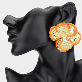 Oversized Enamel Painted Rim Hammered Metal Petal Flower Earrings
