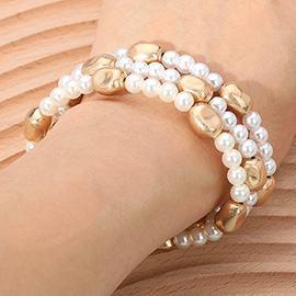 3PCS - Worn Metal Pebble Pearl Beaded Stretch Multi Layered Bracelets