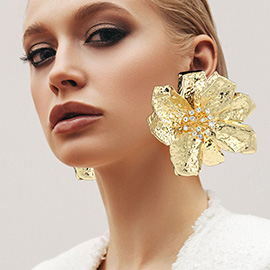 Oversized Stone Pointed Hammered Metal Petal Flower Earrings