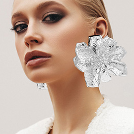 Oversized Stone Pointed Hammered Metal Petal Flower Earrings