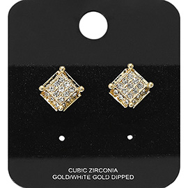 Gold Dipped CZ Stone Paved Cushion Stud Earrings