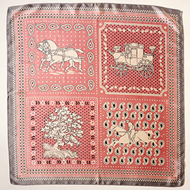 Horse and Carriage Paisley Printed Square Silky Satin Scarf