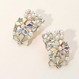 Flower Pearl Stone Embellished Curved Bar Earrings