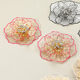 Oversized Pearl Rhinestone Bud Pointed Enamel Rim Metal Cutout Flower Earrings