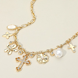 Stone Paved Cross Flower Pearl Stone Bezel Mother of Pearl Plate Charm Station Necklace