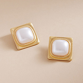 Square Metal Frame Pearl Earrings