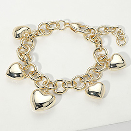 14K Gold Plated Puffy Heart Charm Station Bracelet
