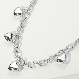 14K Gold Plated Puffy Heart Charm Station Chain Necklace