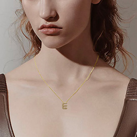 -E- 14K Gold Dipped CZ Stone Paved Initial Monogram Pendant Necklace