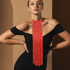 Oversized Seed Beaded Fringe Statement Choker Necklace
