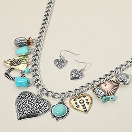 Antique Metal Western Heart Turquoise Stone Flower Charm Station Statement Necklace