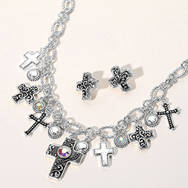 Two Tone Metal Intricate Scroll Cross Stone Cluster Charm Embellished Necklace