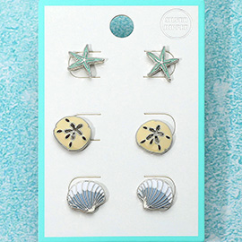 3Pairs - Enamel Starfish Sand Dollar Sea Shell Stud Earrings