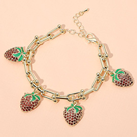 14K Gold Plated CZ Stone Paved Strawberry Charm Station Hardware Chain Bracelet