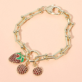 14K Gold Plated CZ Stone Paved Strawberry Cherry Charm Hardware Chain Bracelet