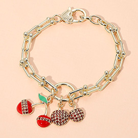 14K Gold Plated CZ Stone Paved Cherry Charm Hardware Chain Bracelet