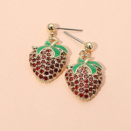 14K Gold Plated CZ Stone Paved Strawberry Dangle Earrings