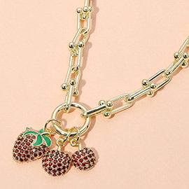 14K Gold Plated CZ Stone Paved Strawberry Cherry Charm Pendant Hardware Chunky Chain Necklace