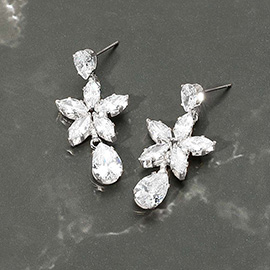 Flower Teardrop CZ Stone Drop Dangle Evening Earrings