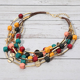 Wooden Cube Beaded Layered Statement Necklace