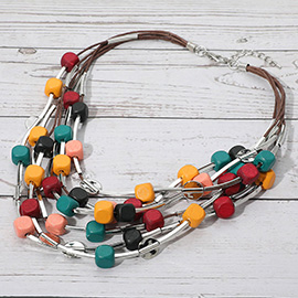 Wooden Cube Beaded Layered Statement Necklace