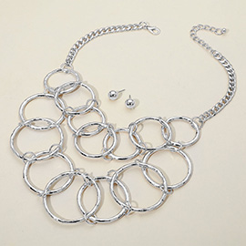 Hammered Metal Open Ring Link Statement Necklace