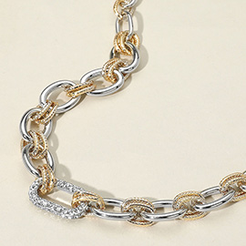 Stone Paved Oval Ring Accented Two Tone Chunky Chain Necklace